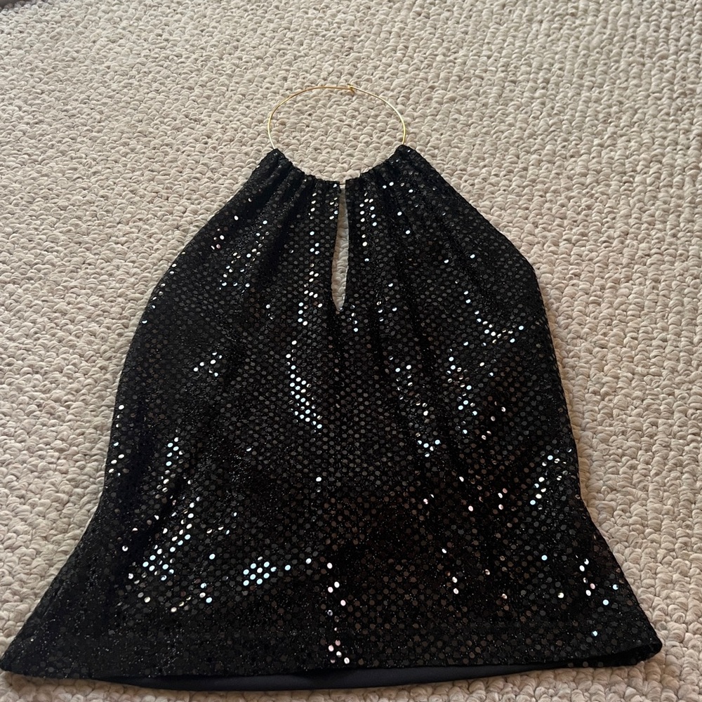 XOXO Black Sequin Halter Top, Gold Necklace Holder, Lined Front, Sheer Back - Picture 3 of 6